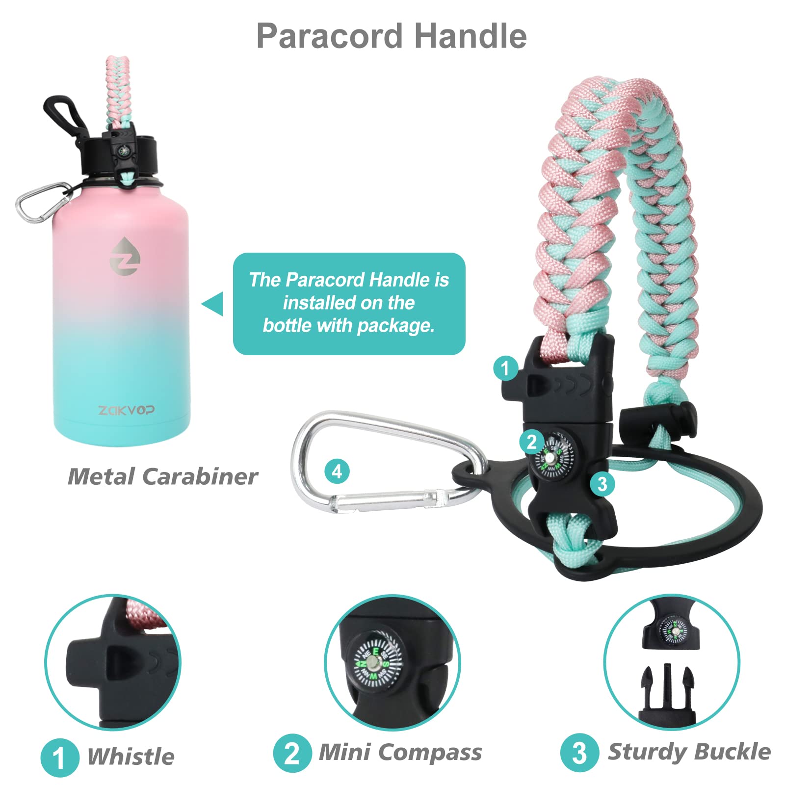 ZAKVOP 64 oz Insulated Water Bottle with Straws&3 Lids  Half Gallon Water Bottle Stainless Steel Double Walled  Big Water Jug with Paracord Handle  Large Metal Water Bottle for Gym